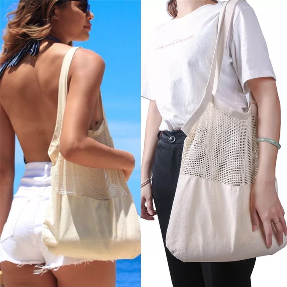 Tote mesh net Multi-use bag shopping grocery beach cream cotton
